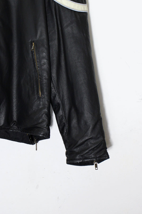 REVERSIBLE RACING ZIP UP NYLON LEATHER JACKET / BLACK [SIZE: 2XL USED]