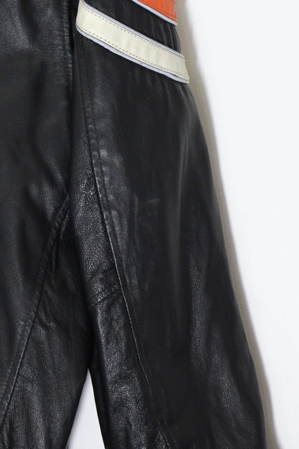 REVERSIBLE RACING ZIP UP NYLON LEATHER JACKET / BLACK [SIZE: 2XL USED]
