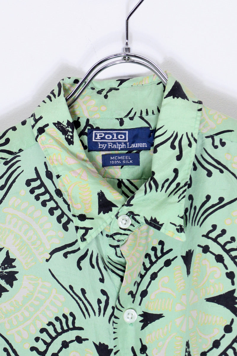 90'S S/S PATTERN SILK OPEN COLLAR SHIRT / LIME/YELLOW/BLACK [SIZE: XL USED]