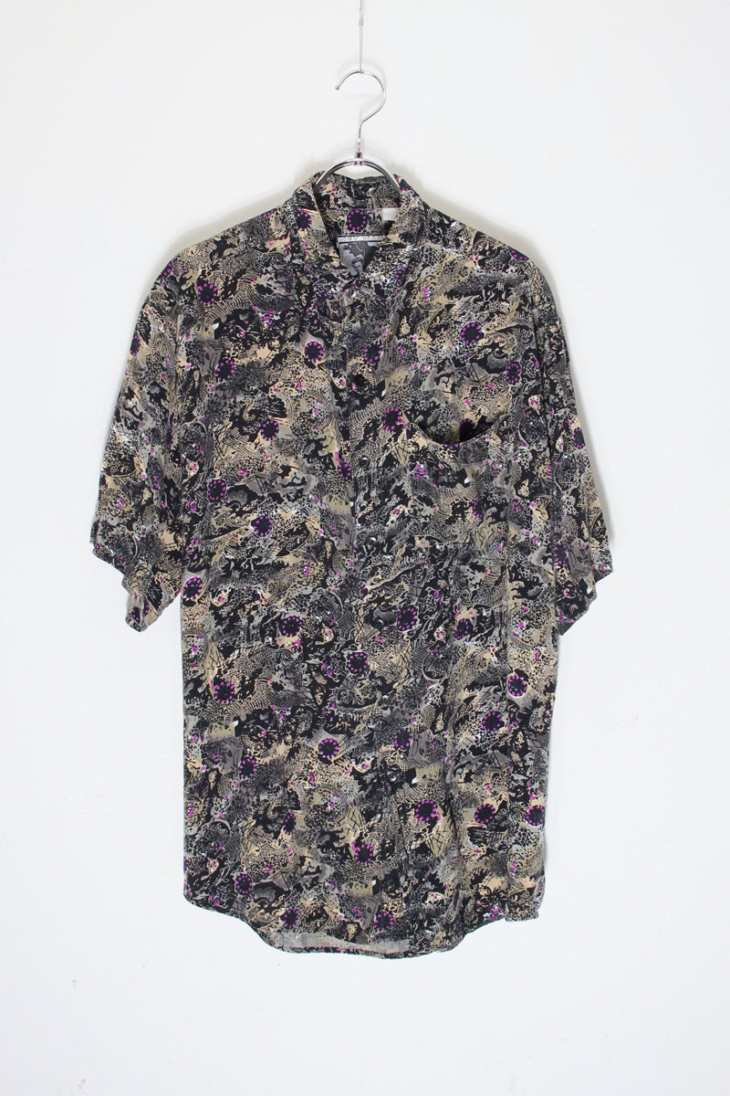 90'S S/S PATTERN RAYON SHIRT / BLACK [SIZE: M USED]
