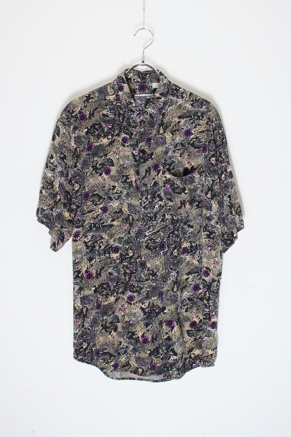 90'S S/S PATTERN RAYON SHIRT / BLACK [SIZE: M USED]