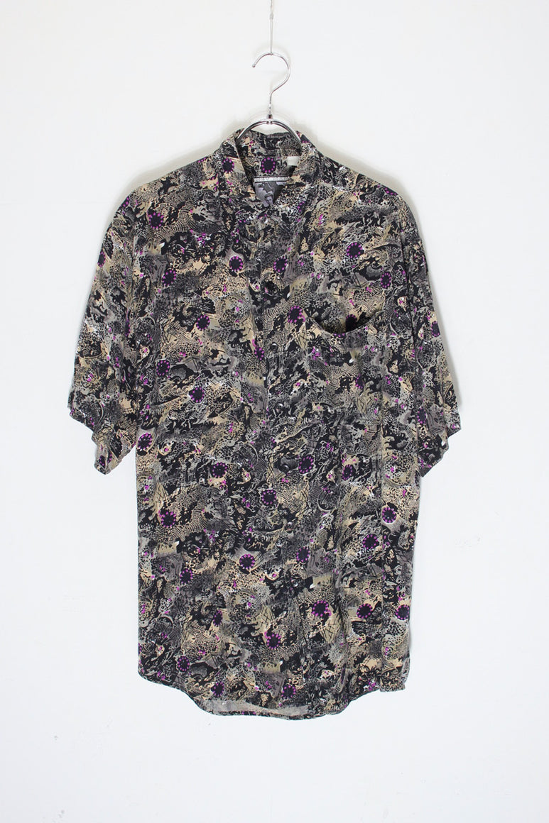 90'S S/S PATTERN RAYON SHIRT / BLACK [SIZE: M相当 USED]
