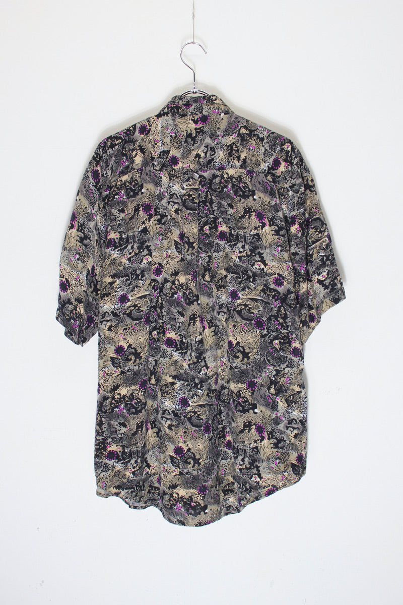 90'S S/S PATTERN RAYON SHIRT / BLACK [SIZE: M USED]