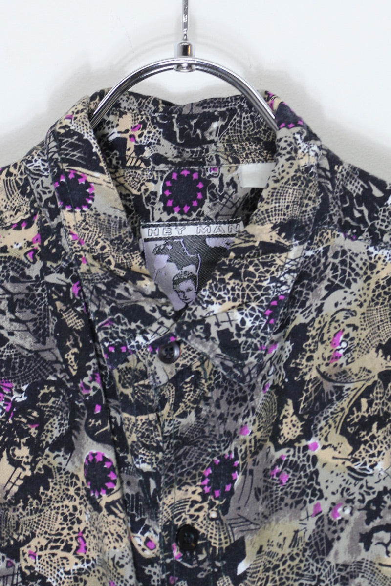 90'S S/S PATTERN RAYON SHIRT / BLACK [SIZE: M USED]