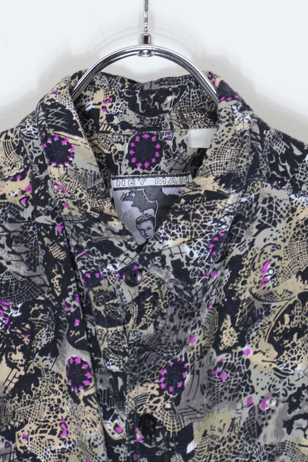 90'S S/S PATTERN RAYON SHIRT / BLACK [SIZE: M USED]