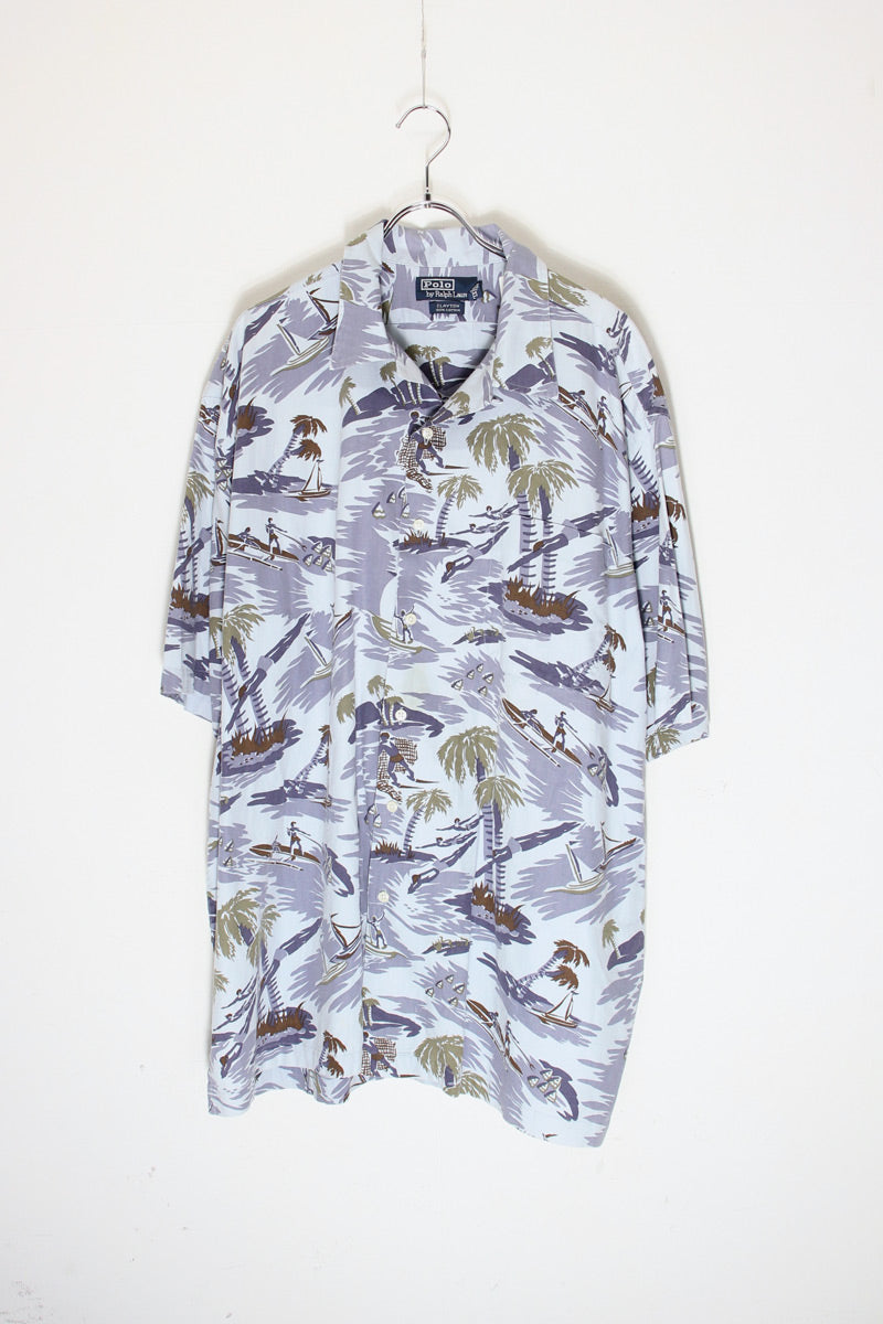 90'S S/S COTTON HAWAIIAN SHIRT / GRAY LAVENDER [SIZE: XL USED]