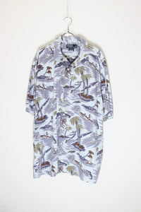 90'S S/S COTTON HAWAIIAN SHIRT / GRAY LAVENDER [SIZE: XL USED]