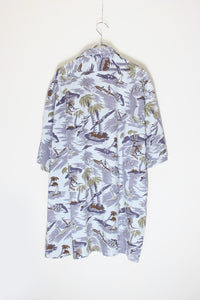 90'S S/S COTTON HAWAIIAN SHIRT / GRAY LAVENDER [SIZE: XL USED]