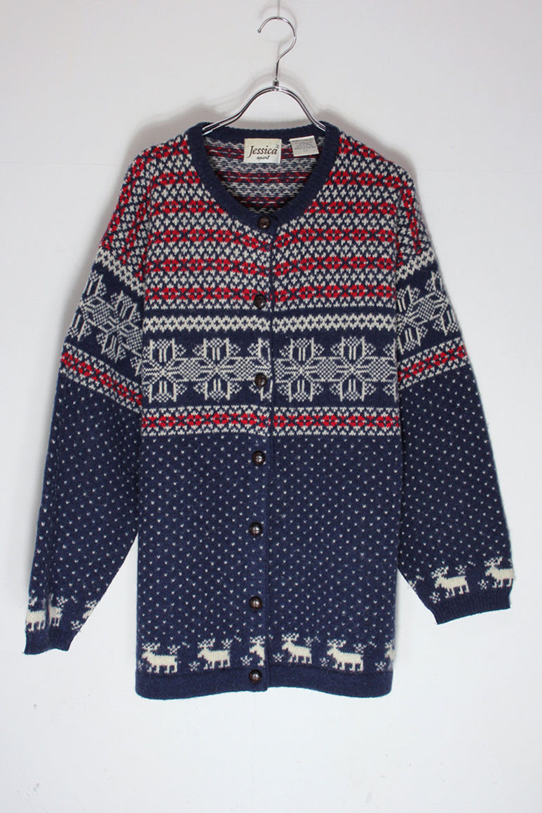 90'S NORDIC PATTERN WOOL KNIT CARDIGAN / NAVY/RED [SIZE: L USED]