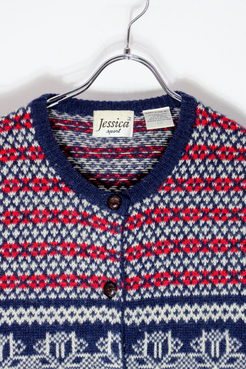 90'S NORDIC PATTERN WOOL KNIT CARDIGAN / NAVY/RED [SIZE: L USED]