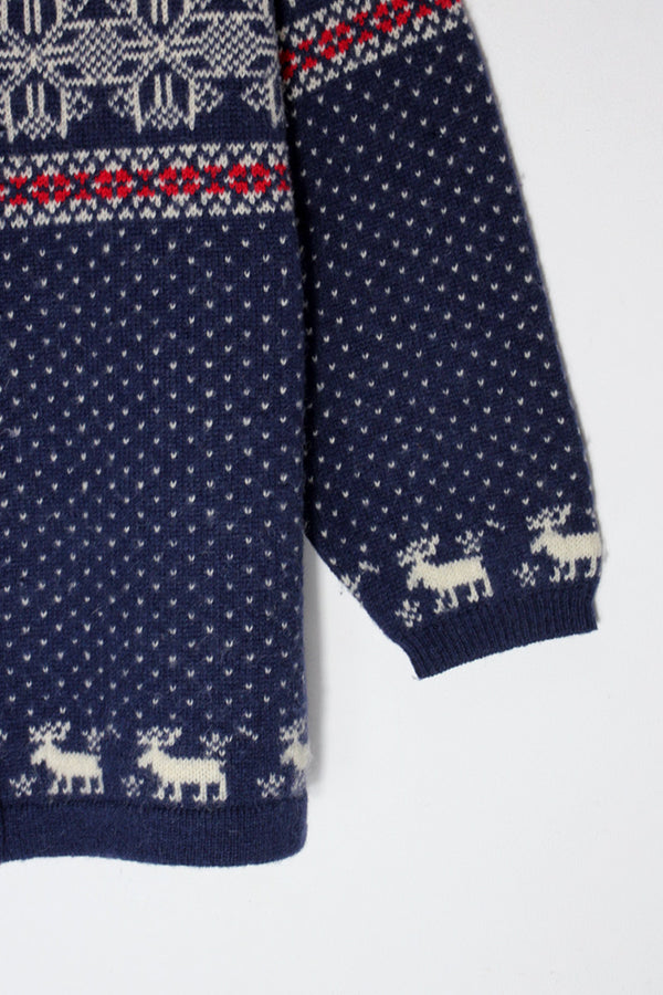 90'S NORDIC PATTERN WOOL KNIT CARDIGAN / NAVY/RED [SIZE: L USED]