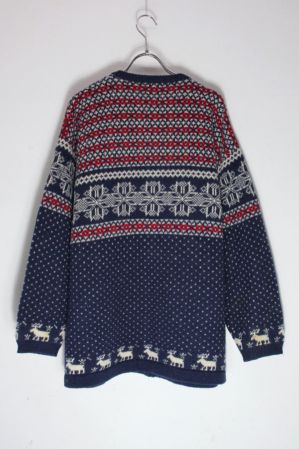 90'S NORDIC PATTERN WOOL KNIT CARDIGAN / NAVY/RED [SIZE: L USED]