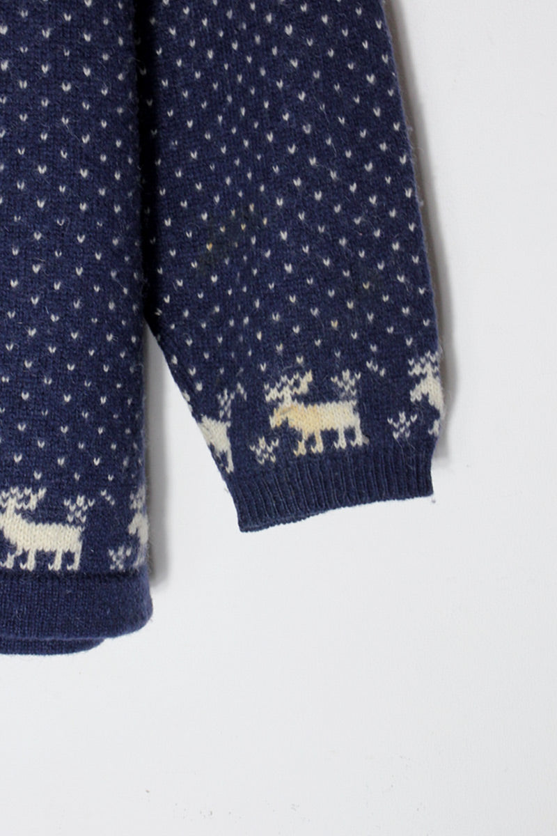 90'S NORDIC PATTERN WOOL KNIT CARDIGAN / NAVY/RED [SIZE: L USED]