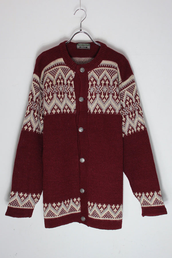 MADE IN NORWAY VINTAGE NORDIC PATTERN TYROLEAN WOOL KNIT CARDIGAN / BURGUNDY/GRAY [SIZE: L equivalent USED]