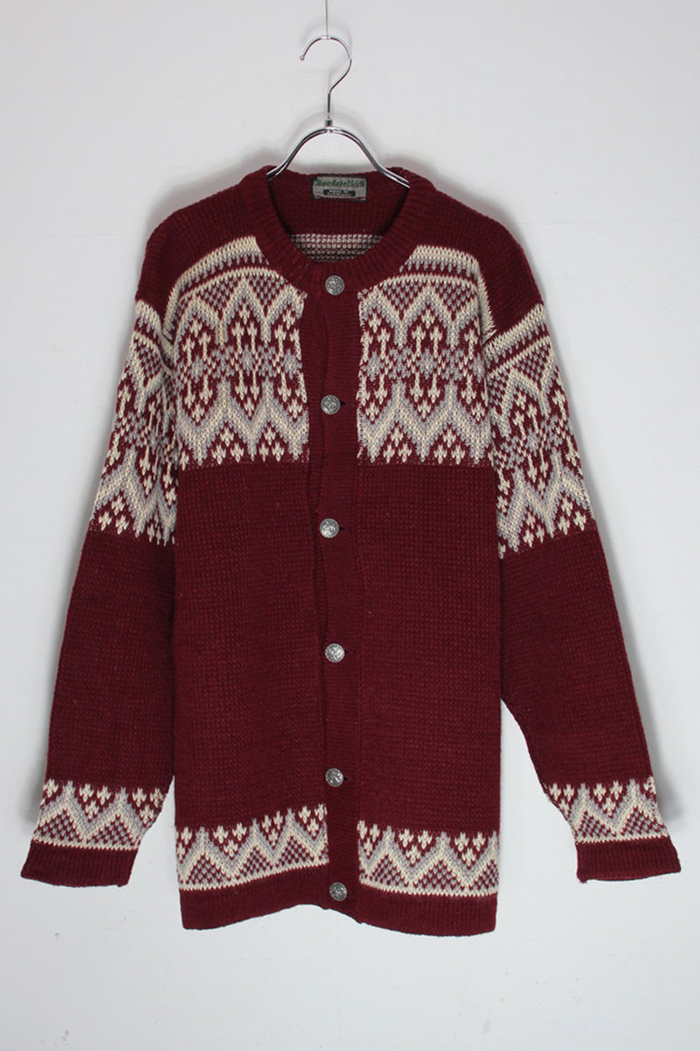 MADE IN NORWAY VINTAGE NORDIC PATTERN TYROLIAN WOOL KNIT CARDIGAN / BURGUNDY/GRAY [SIZE: L相当 USED]