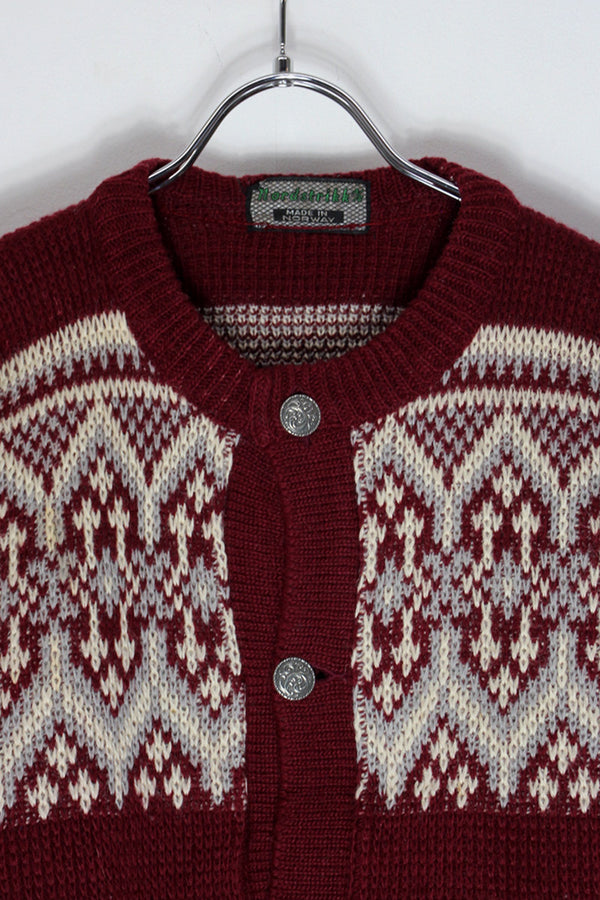 MADE IN NORWAY VINTAGE NORDIC PATTERN TYROLEAN WOOL KNIT CARDIGAN / BURGUNDY/GRAY [SIZE: L equivalent USED]