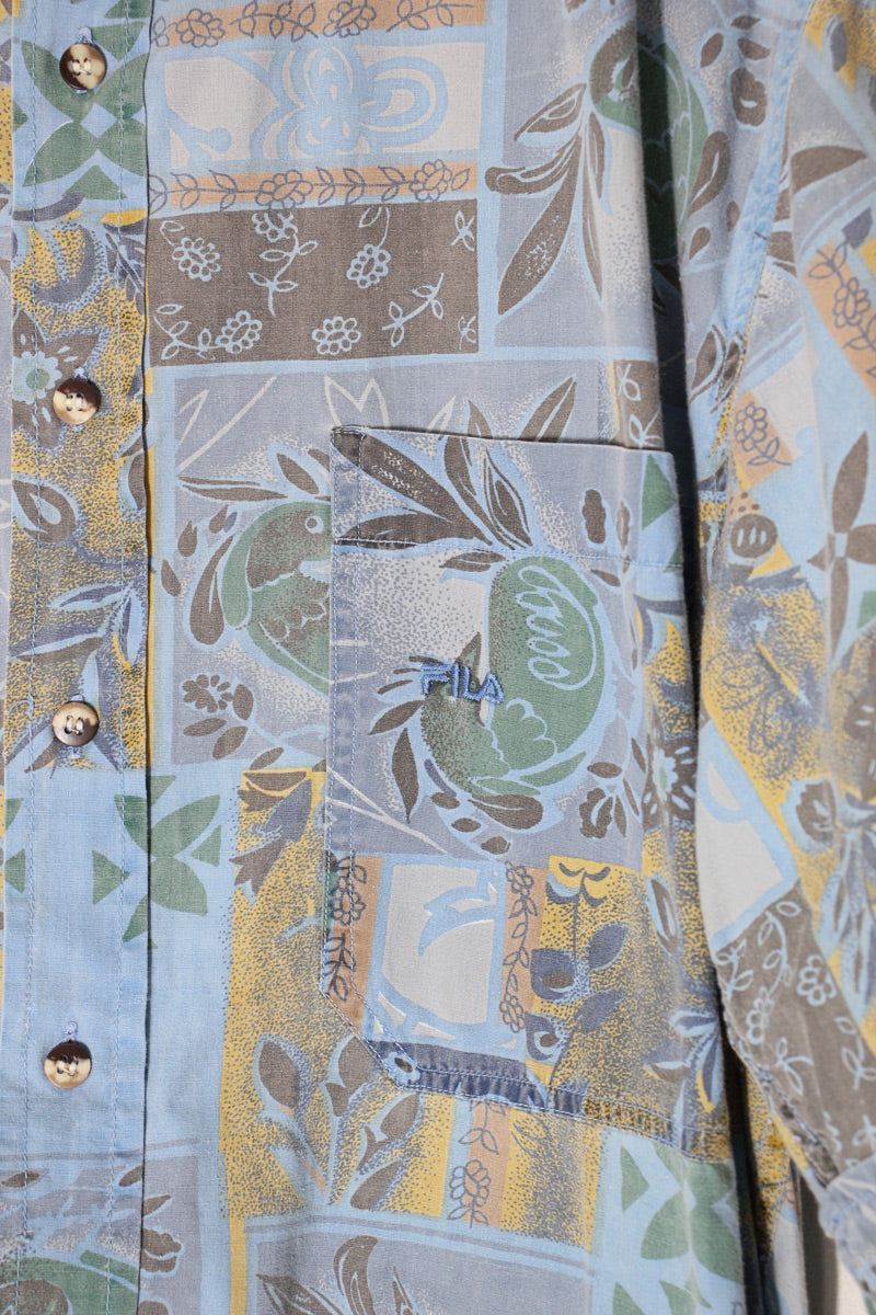 90'S S/S FLOWER PATTERN SHIRT / BLUE [SIZE: L USED]