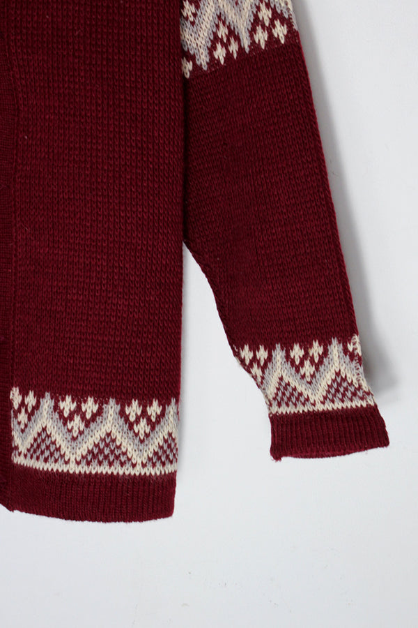 MADE IN NORWAY VINTAGE NORDIC PATTERN TYROLEAN WOOL KNIT CARDIGAN / BURGUNDY/GRAY [SIZE: L equivalent USED]