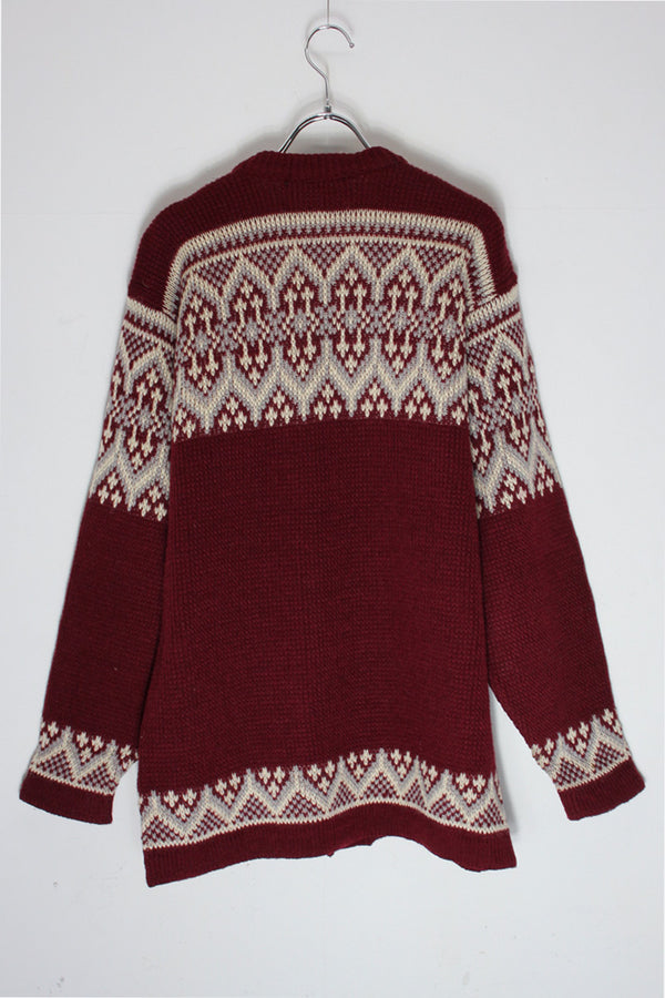 MADE IN NORWAY VINTAGE NORDIC PATTERN TYROLEAN WOOL KNIT CARDIGAN / BURGUNDY/GRAY [SIZE: L equivalent USED]