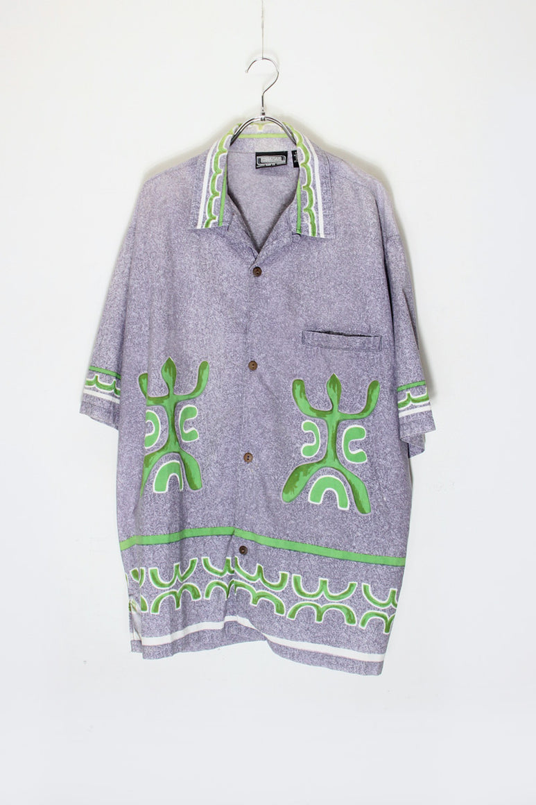 90'S S/S STICK MAN PATTERN OPEN COLLAR SHIRT / PURPLE/GREEN [SIZE: L相当 USED]