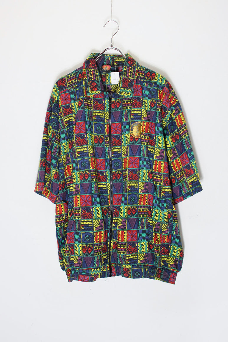 90'S S/S AFRICAN PATTERN ZIP SHIRT / MULTI [SIZE: L USED]