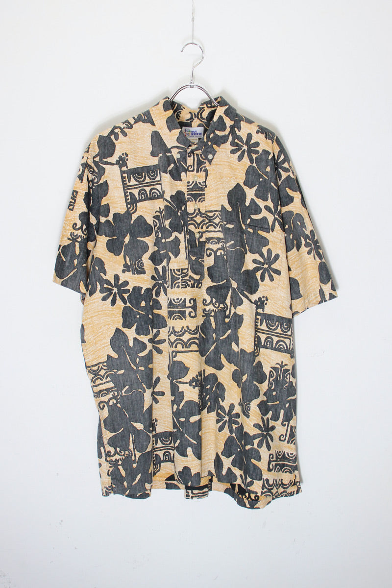 MADE IN HAWAII 90'S S/S COTTON PULLOVER HAWAIIAN SHIRT / BEIGE/BLACK [SIZE: XXL USED]