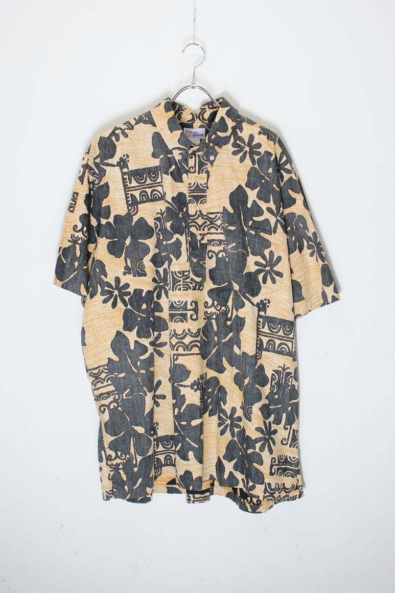 MADE IN HAWAII 90'S S/S COTTON PULLOVER HAWAIIAN SHIRT / BEIGE/BLACK [SIZE: XXL USED]