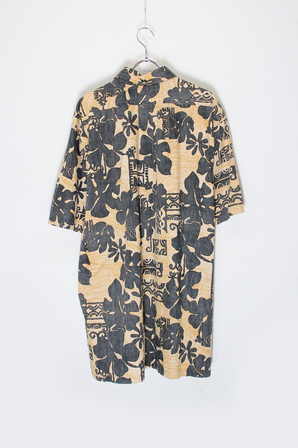 MADE IN HAWAII 90'S S/S COTTON PULLOVER HAWAIIAN SHIRT / BEIGE/BLACK [SIZE: XXL USED]