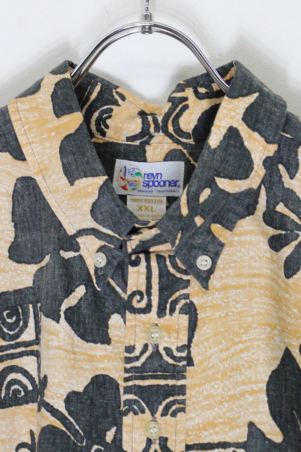 MADE IN HAWAII 90'S S/S COTTON PULLOVER HAWAIIAN SHIRT / BEIGE/BLACK [SIZE: XXL USED]