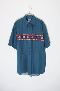 90'S S/S MEXICAN PATTERN WESTAN SHIRT / GREEN [SIZE: L USED]