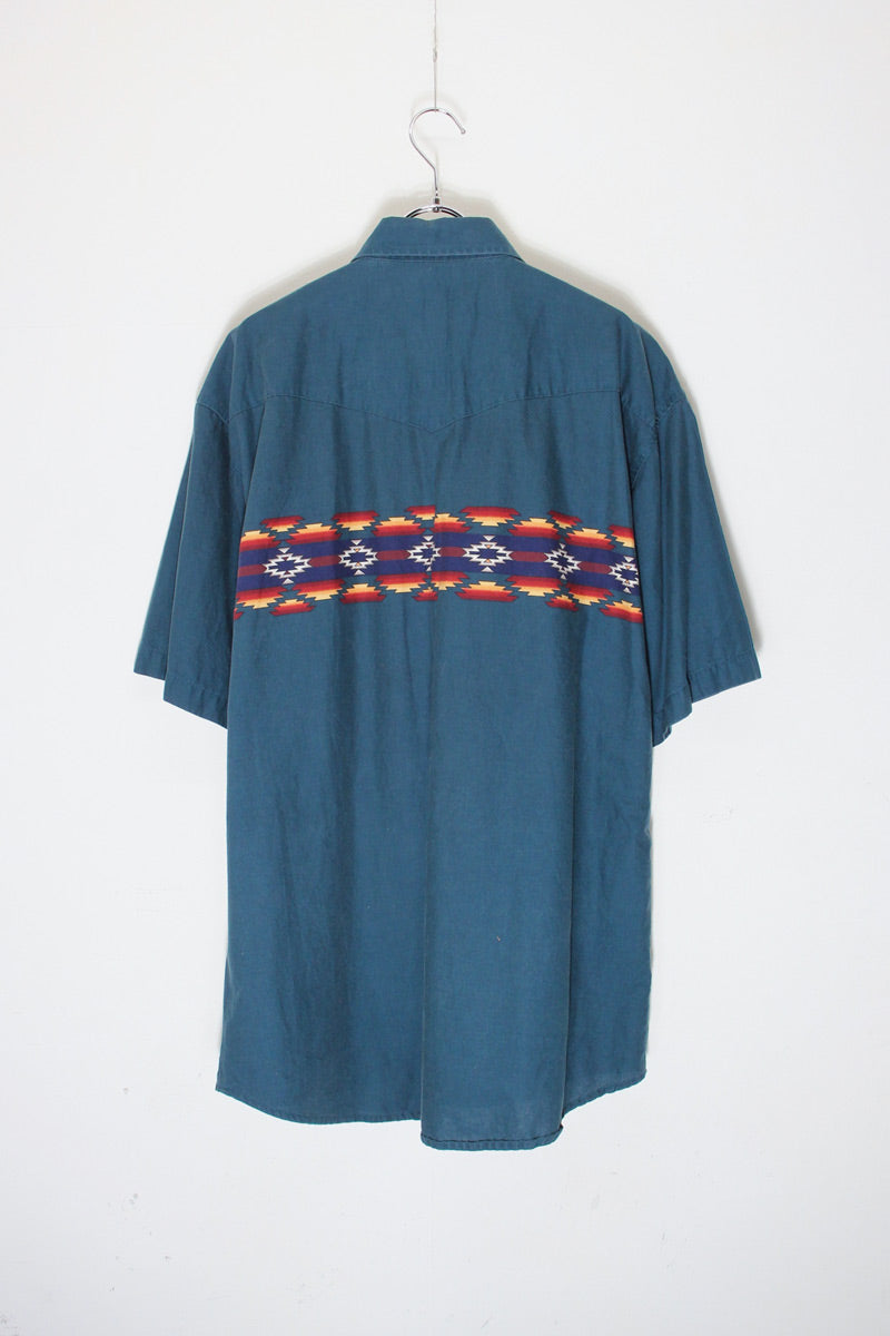 90's S/S MEXICAN PATTERN WESTERN SHIRT / GREEN [SIZE: L USED]