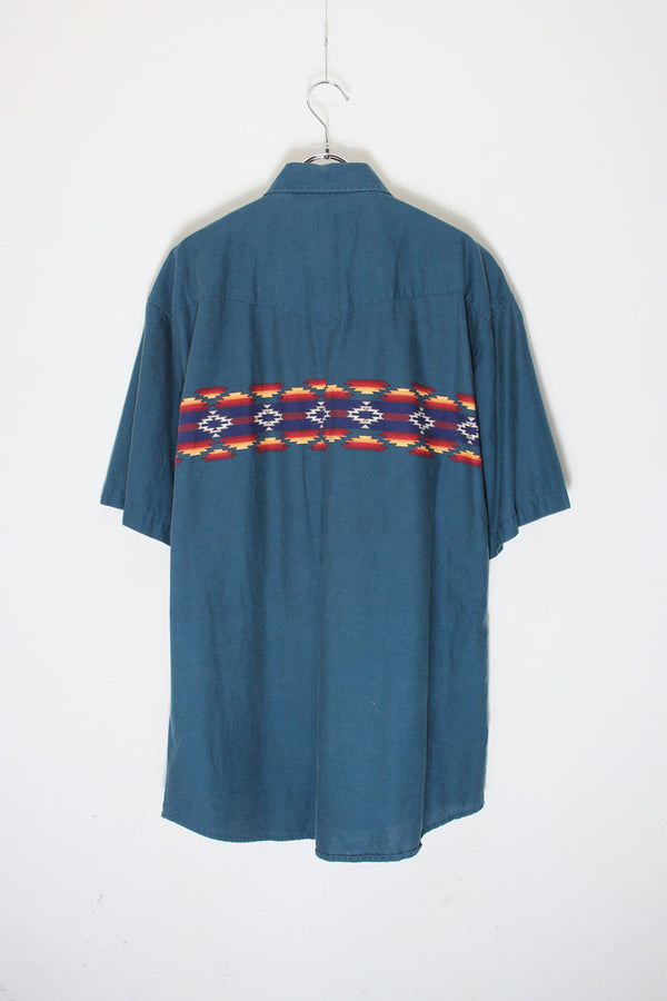 90's S/S MEXICAN PATTERN WESTERN SHIRT / GREEN [SIZE: L USED]