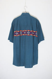 90'S S/S MEXICAN PATTERN WESTAN SHIRT / GREEN [SIZE: L USED]