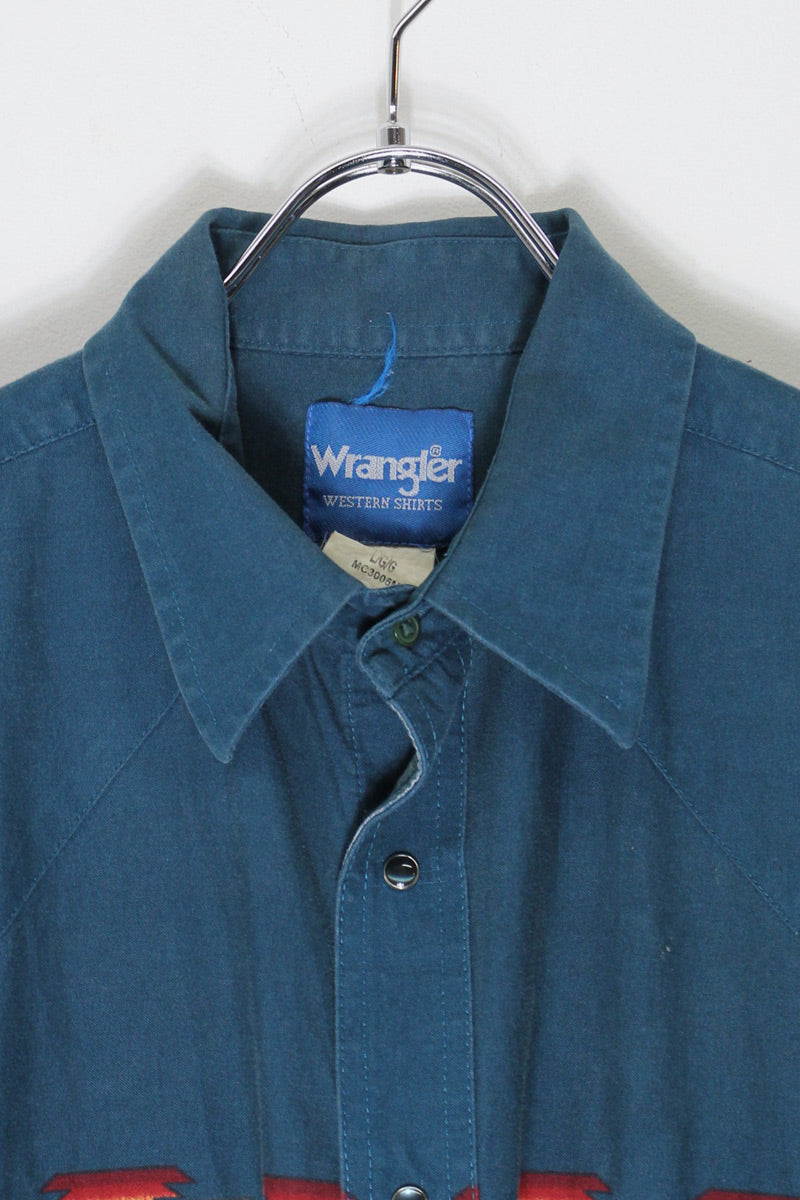 90's S/S MEXICAN PATTERN WESTERN SHIRT / GREEN [SIZE: L USED]