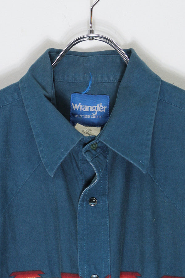 90's S/S MEXICAN PATTERN WESTERN SHIRT / GREEN [SIZE: L USED]