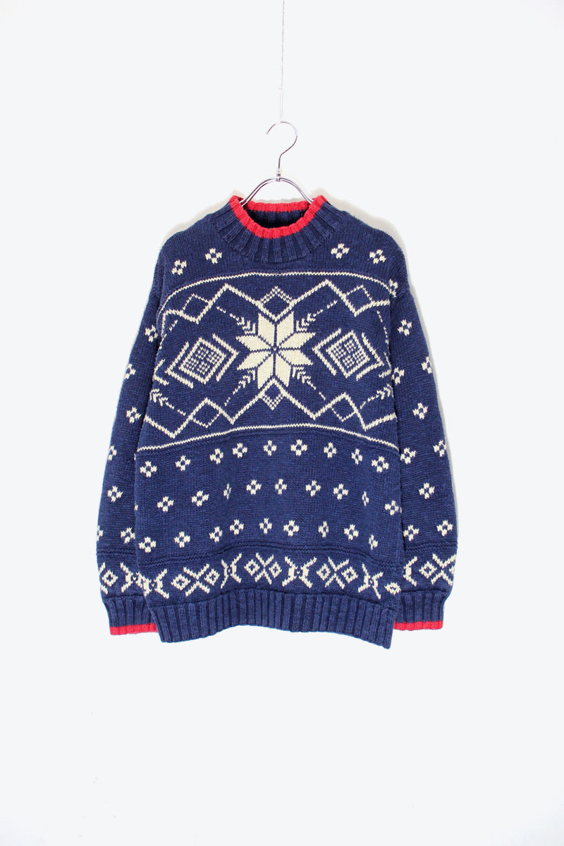 90'S MOCK NECK LINEN COTTON NORDIC KNIT SWEATER / NAVY [SIZE: S USED]