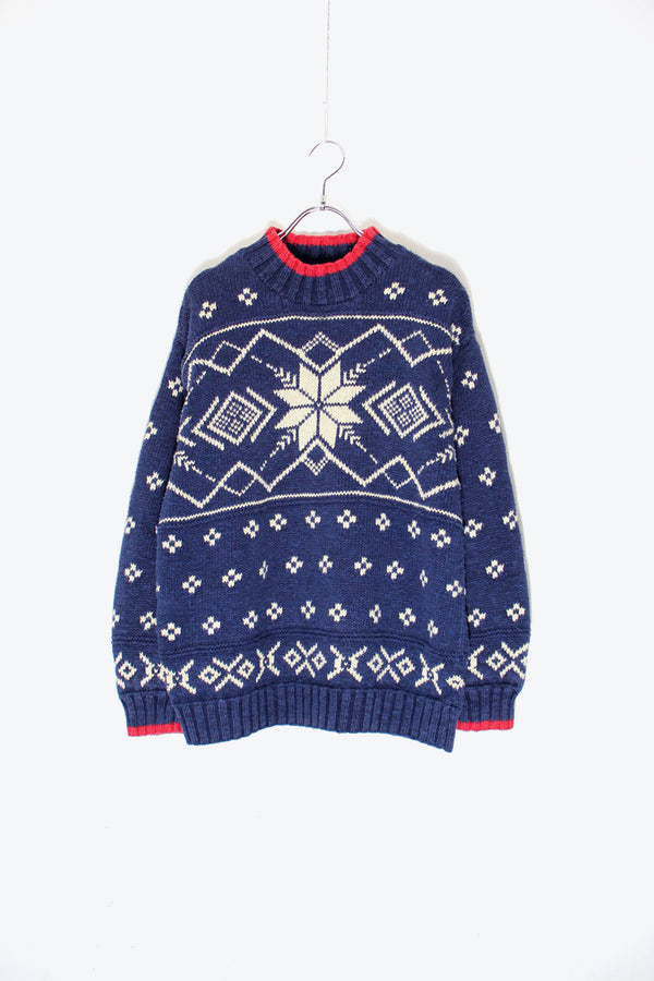 90'S MOCK NECK LINEN COTTON NORDIC KNIT SWEATER / NAVY [SIZE: S USED]