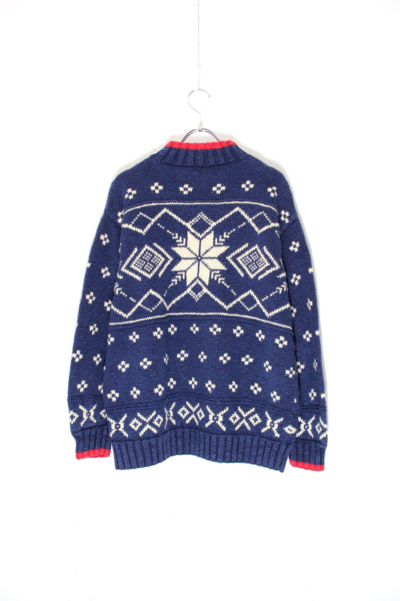 90'S MOCK NECK LINEN COTTON NORDIC KNIT SWEATER / NAVY [SIZE: S USED]