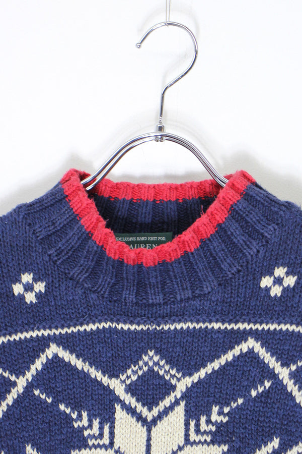 90'S MOCK NECK LINEN COTTON NORDIC KNIT SWEATER / NAVY [SIZE: S USED]