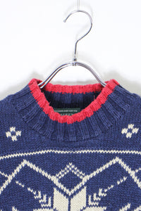 90'S MOCK NECK LINEN COTTON NORDIC KNIT SWEATER / NAVY  [SIZE: S USED]