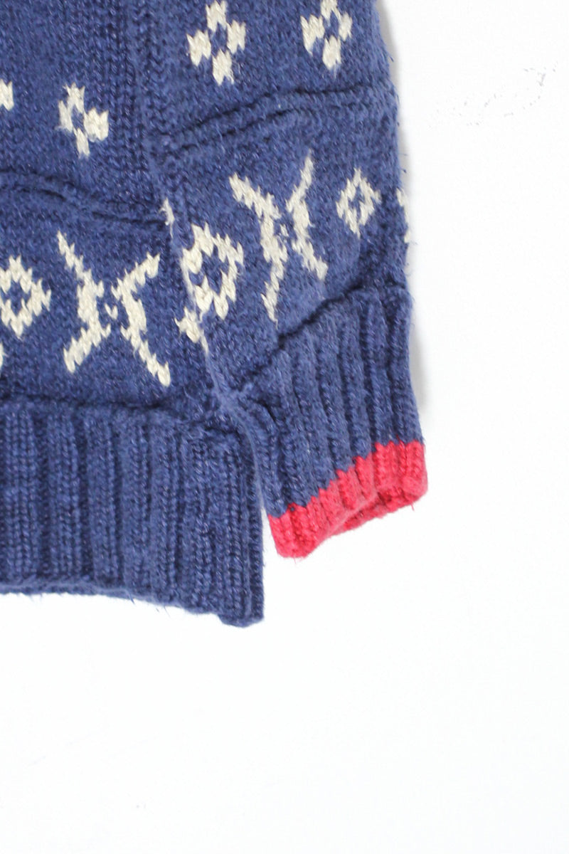 90'S MOCK NECK LINEN COTTON NORDIC KNIT SWEATER / NAVY [SIZE: S USED]