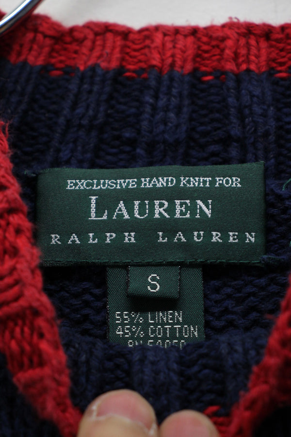 90'S MOCK NECK LINEN COTTON NORDIC KNIT SWEATER / NAVY [SIZE: S USED]