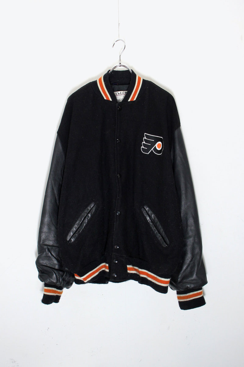 MADE IN USA 80'S NHL FRYERS WOOL LEATHER STADIUM JACKET / BLACK [SIZE: 2XL USED]