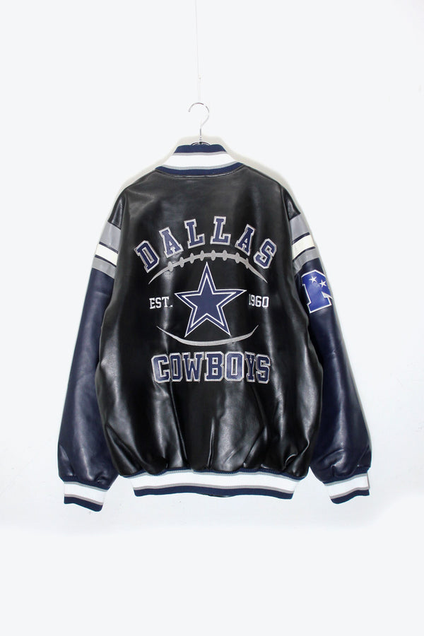 90'S DALLAS COWBOYS NHL VEGAN LEATHER STADIUM JACKET / BLACK / NAVY［SIZE: L DEADSTOCK/NOS ]