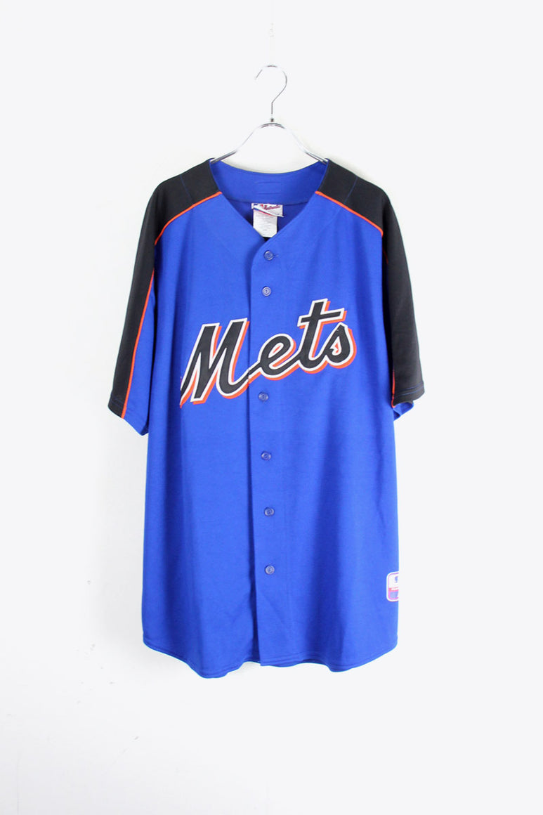 MADE IN USA 90'S NY METS BASEBALL SHIRT / BLUE / BLACK / ORANGE [SIZE: XL USED]