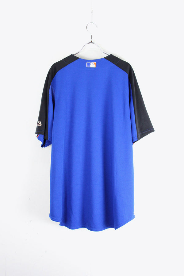 MADE IN USA 90'S NY METS BASEBALL SHIRT / BLUE / BLACK / ORANGE [SIZE: XL USED]