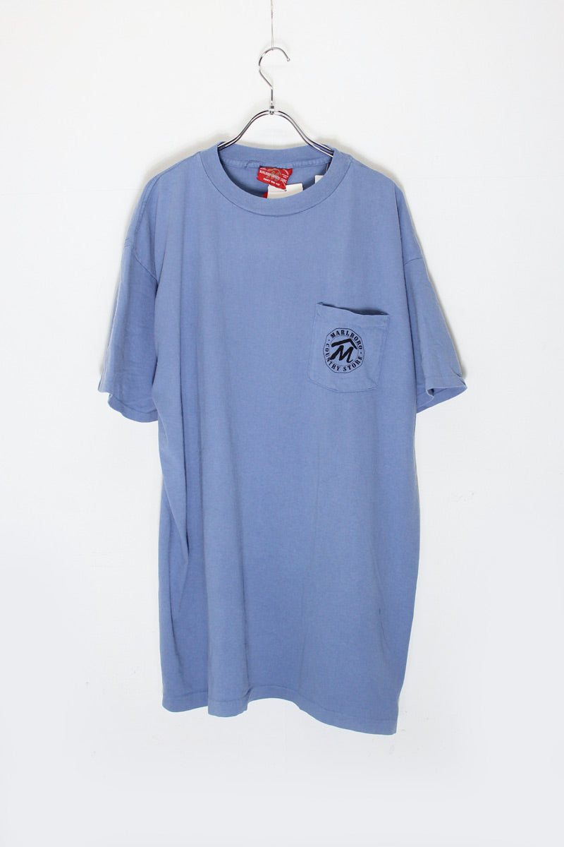 MADE IN USA 90'S S/S POCKET BACK PRINT POCKET ADVERTISING T-SHIRT / DUSTY BLUE [SIZE: Equivalent to XXL DEADSTOCK/NOS]