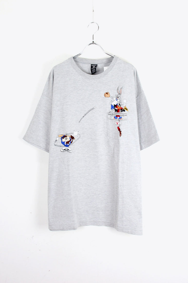 90'S S/S BASEBALL EMBROIDERY POCKET T-SHIRT / GREY [SIZE: XL USED]