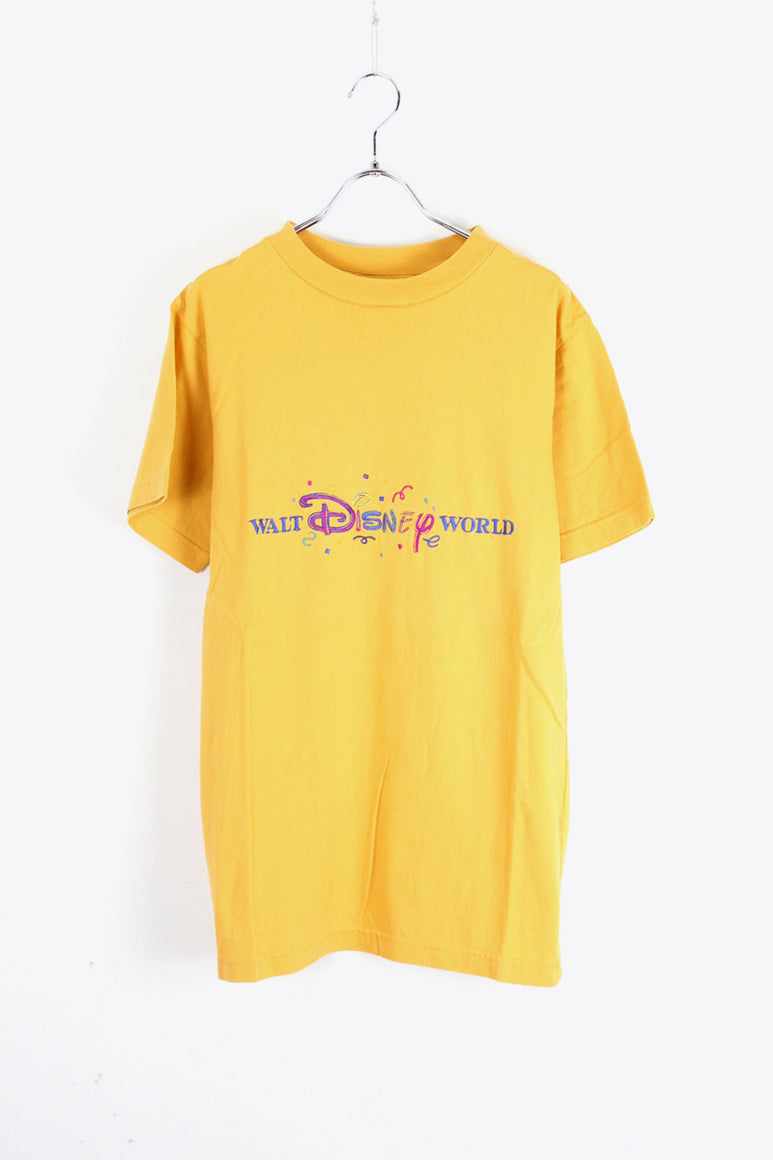 90'S WALT DISNEY WORLD S/S LOGO EMBROIDERY T-SHIRT / DUSTY YELLOW [SIZE: S USED]