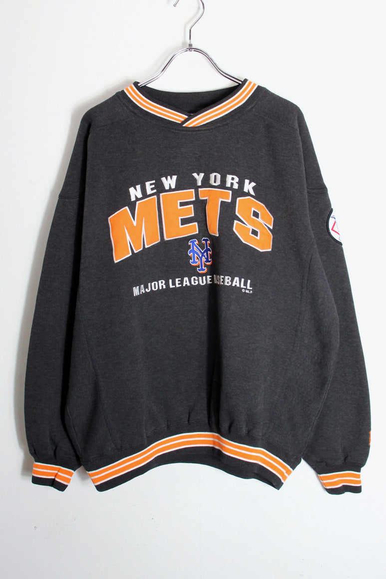 90'S NY METS MLB V NECK SWEATSHIRT / BLACK/ORANGE [SIZE: XL相当 USED]